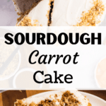 A slice of layered carrot cake with cream cheese frosting.