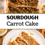 A layered carrot cake with cream cheese frosting between each layer.