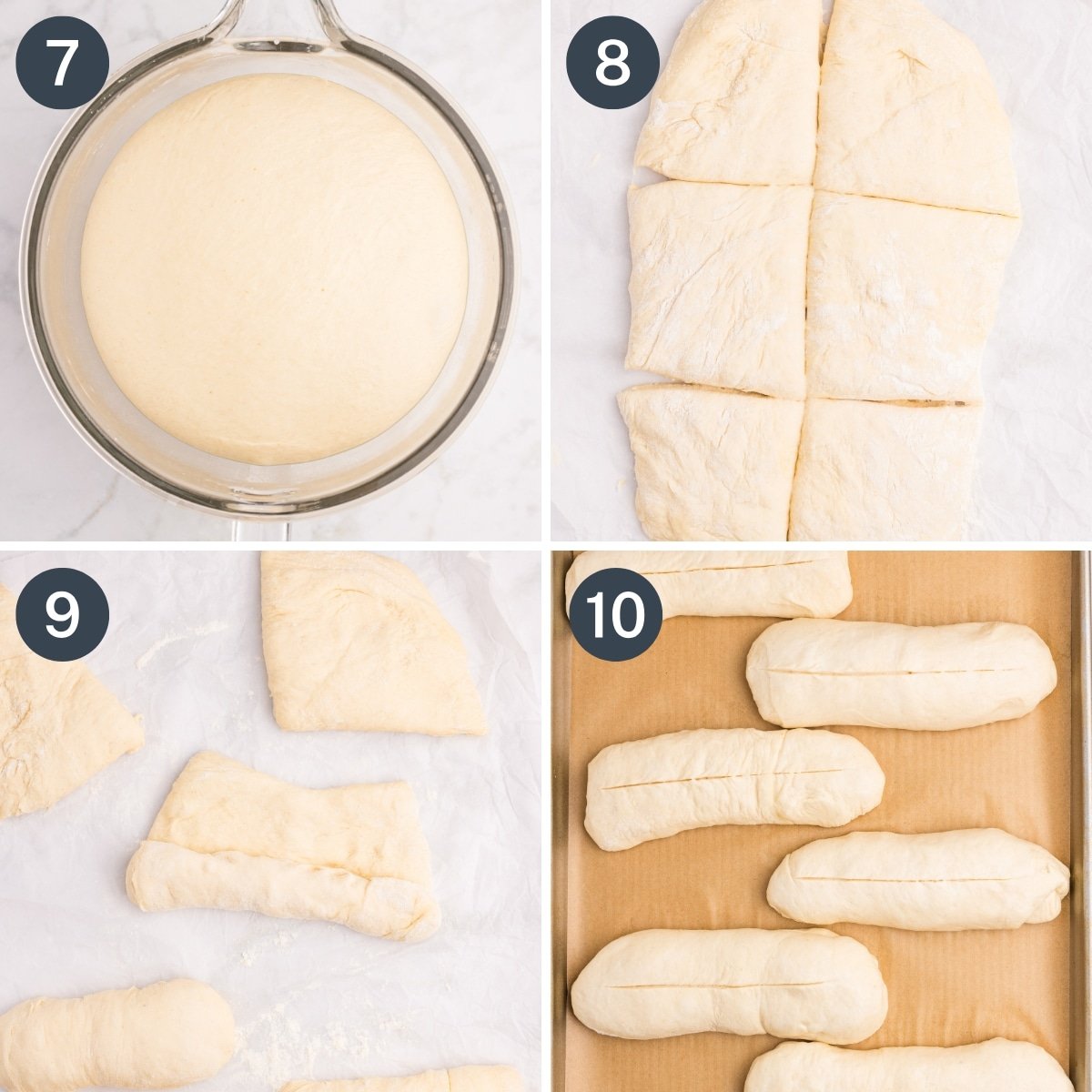 Rolling dough into log shapes to make homemade hoagies.