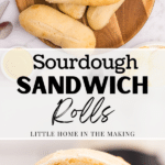 A stack of homemade sourdough sandwich rolls on a round wooden cutting board.