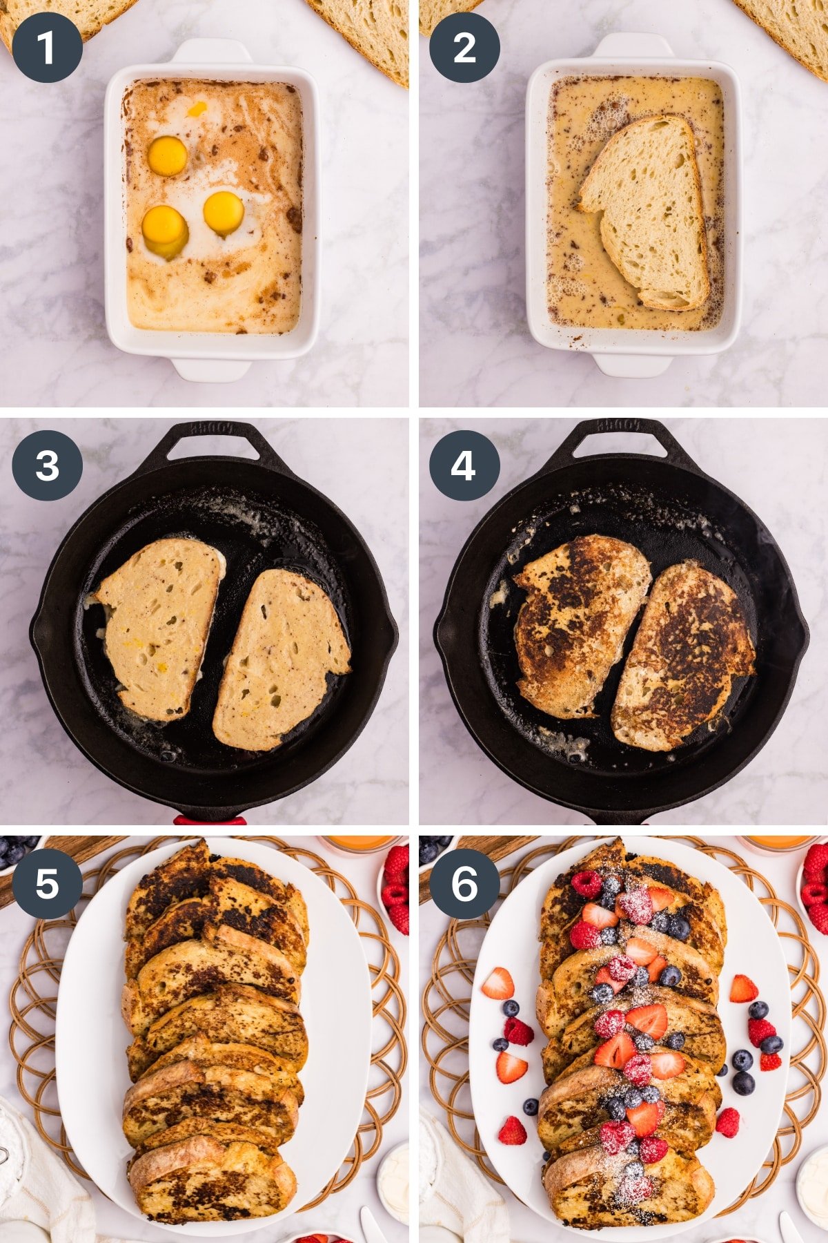 Soaking bread in a custard mixture, then cooking in a cast iron skillet and serving with maple syrup and fruit.
