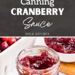 A small canning jar filled with cranberry sauce, with oranges and fresh cranberries on the counter.