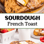 A stack of french toast on a plate, topped with butter and a drizzle of maple syrup.