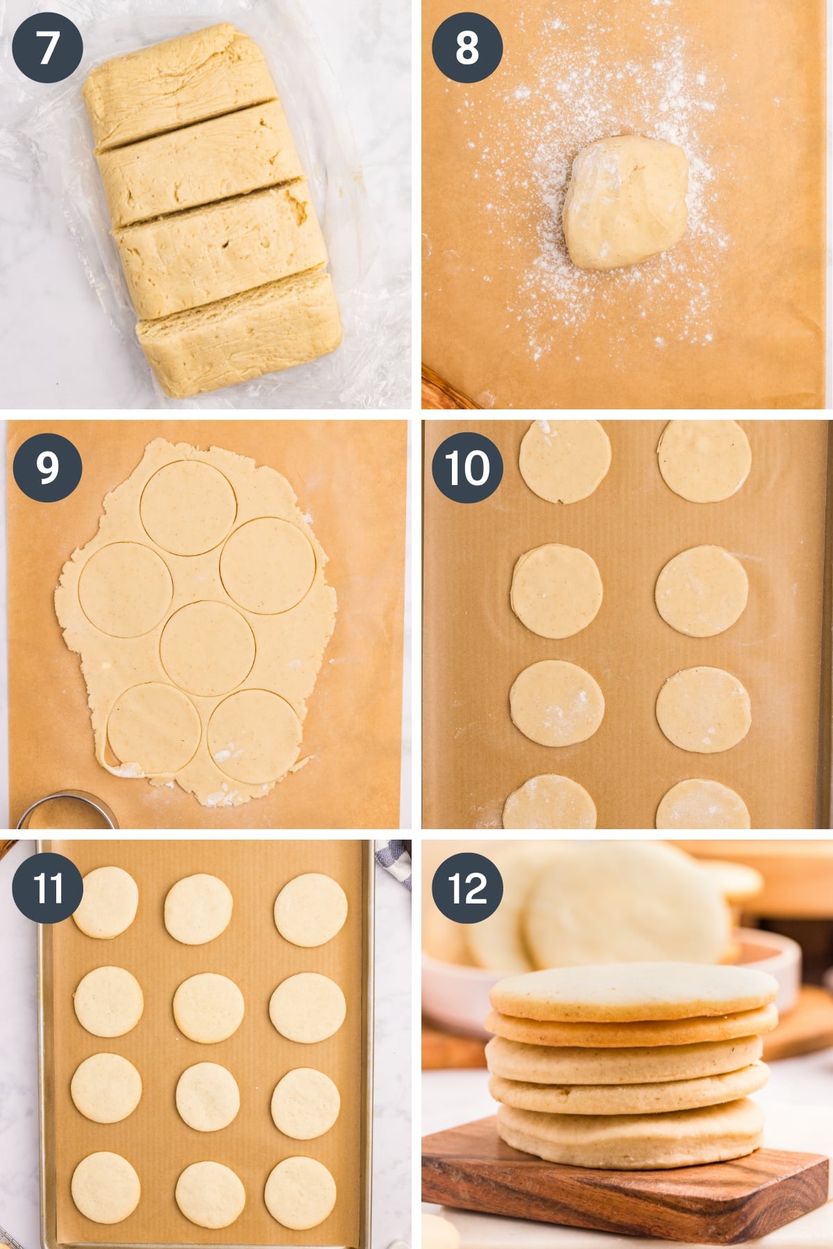 Rolling cookie dough out on a flat surface, then cutting into round cookie shapes and baking on a parchment lined baking sheet.