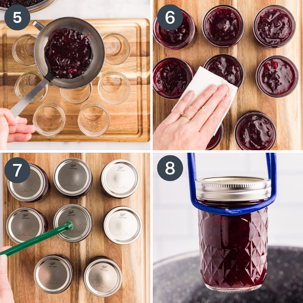 Ladling cranberry sauce into jars for canning.