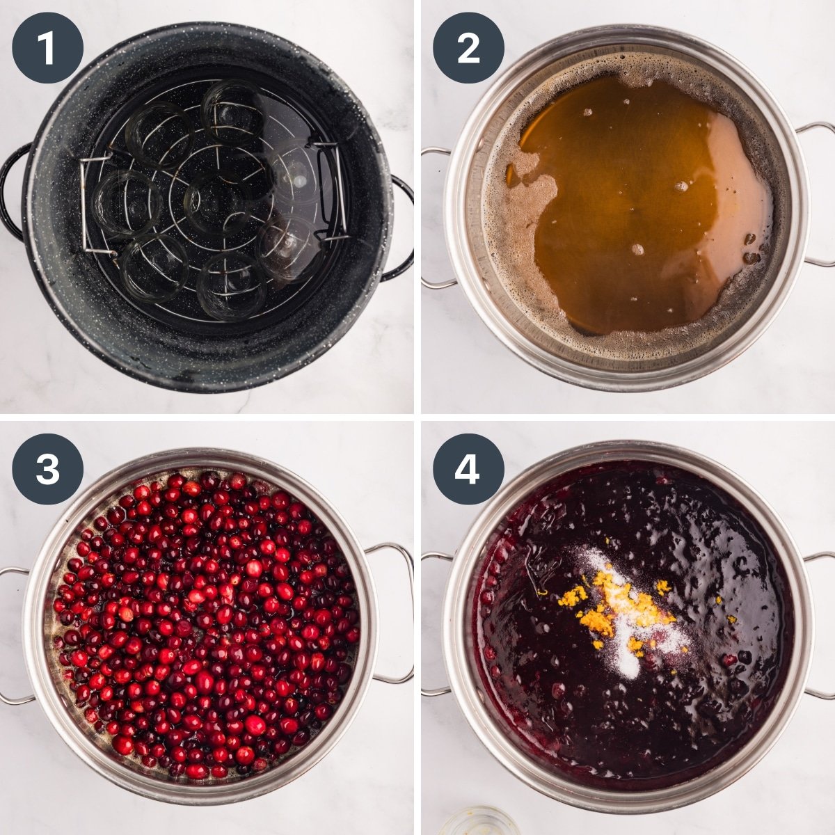 Adding cranberries to a large pot of sugar and water.