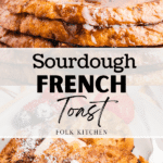 Pouring maple syrup on a stack of french toast.