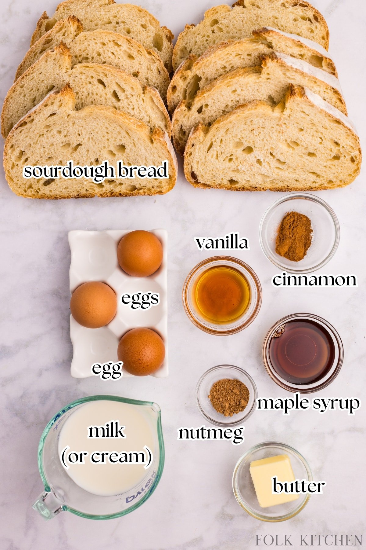 The ingredients needed to make sourdough french toast, including eggs, milk, and butter.