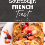 Slices of sourdough french toast on a white plate.