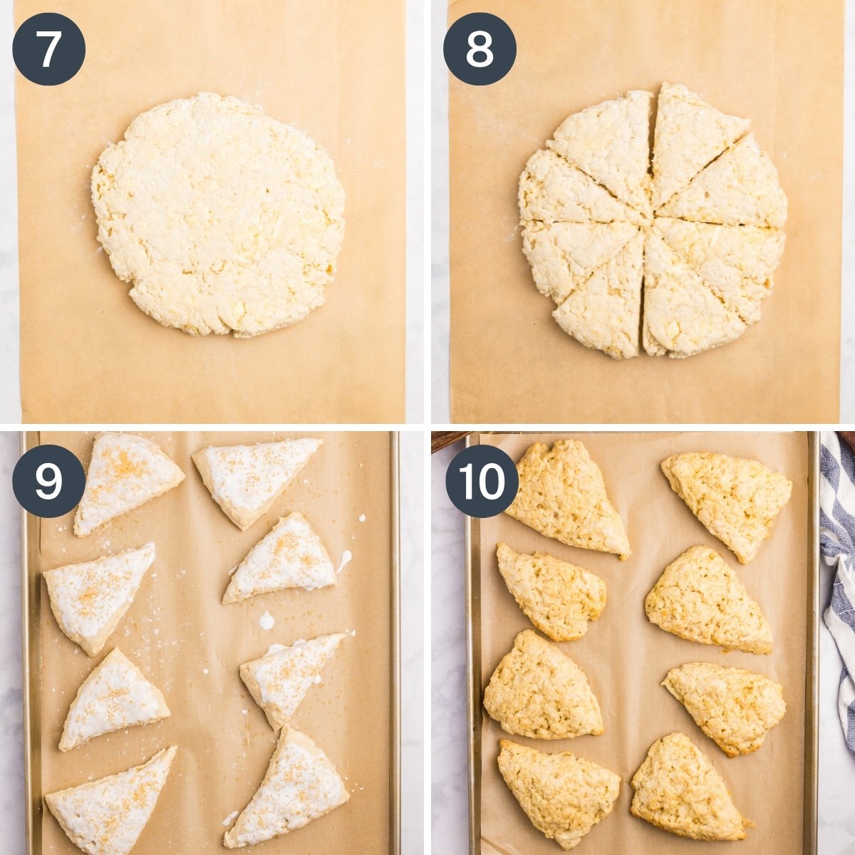 Cutting scones from a circle of dough and baking them until golden brown.