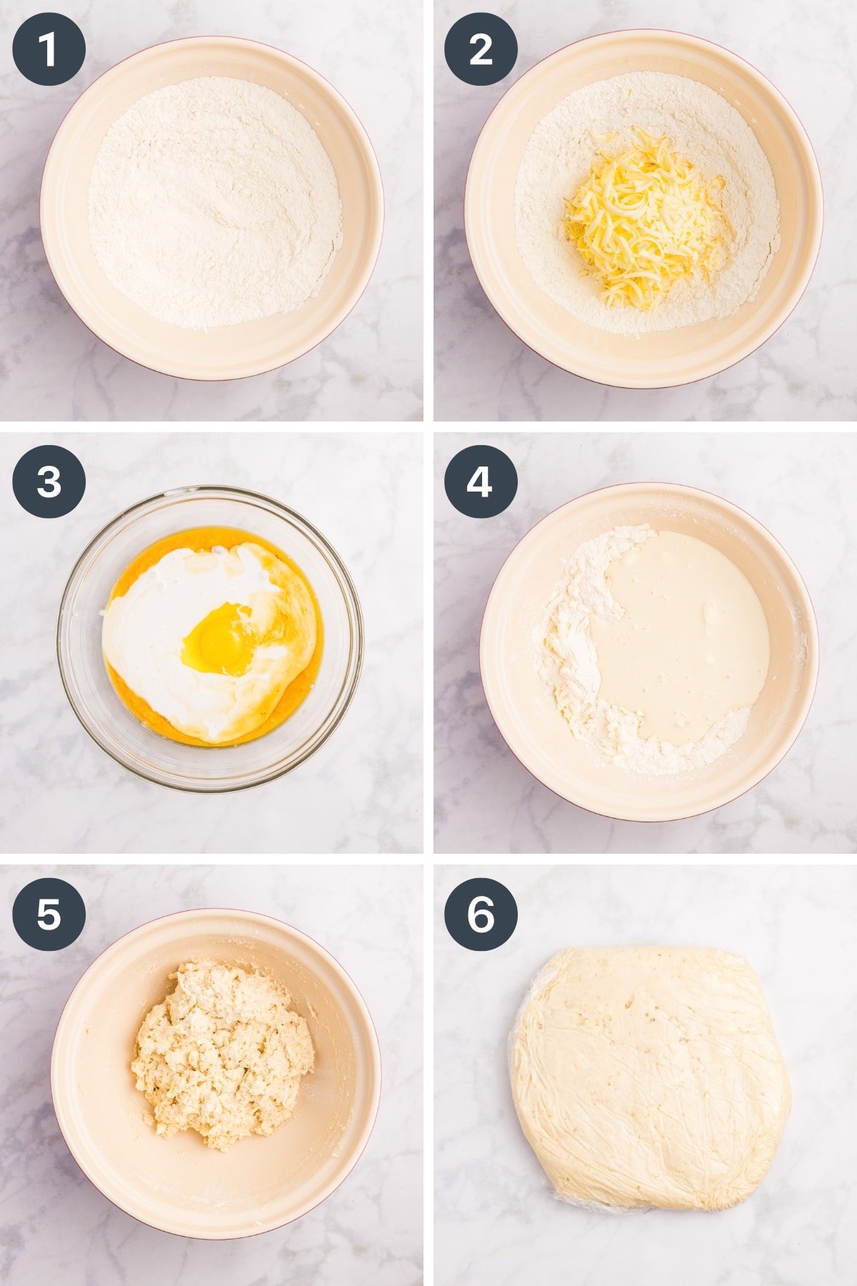 Stirring wet ingredients into dry ingredients to form a soft dough.