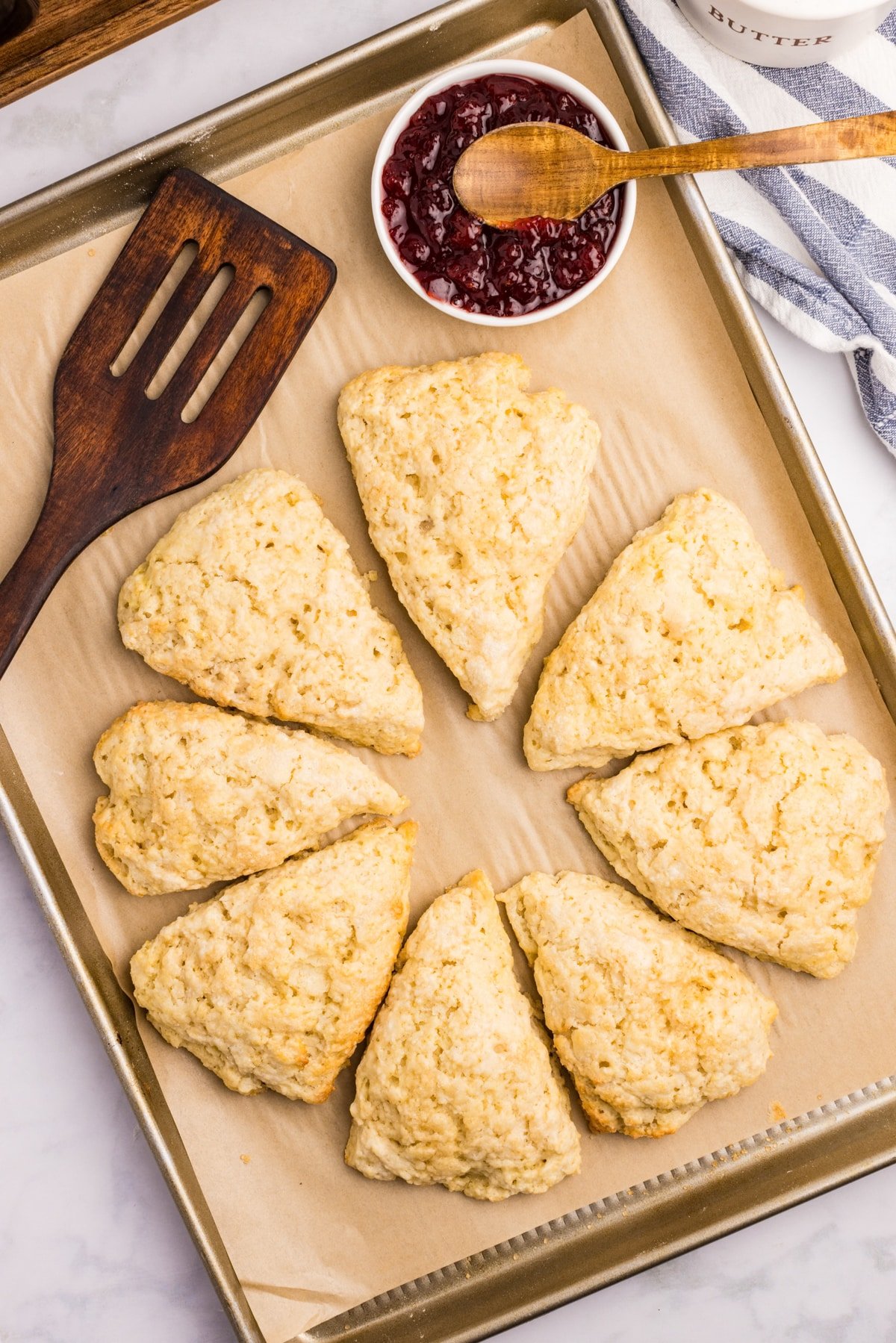 Wedge shaped scones on a baking sheet.
