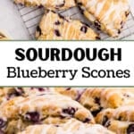 Several scones on a wire baking rack drizzled with lemon glaze.