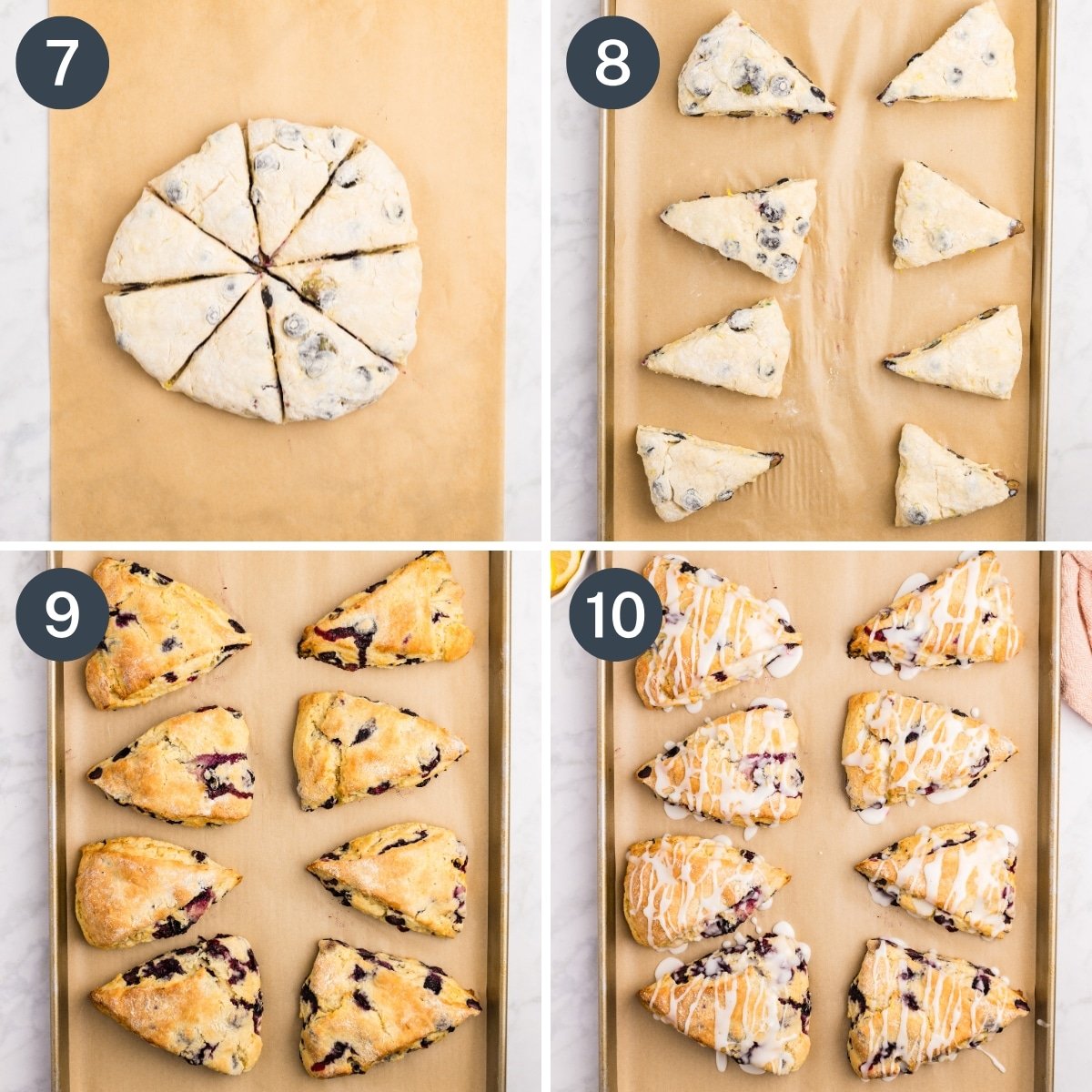 Dividing scones from dough, then baking them on a baking sheet until golden brown.