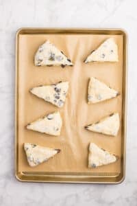 A baking sheet with unbaked scones all over the surface.