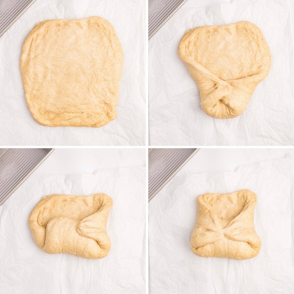 Shaping bread dough by flattening it out, rolling it up, and tucking in the edges as you go.