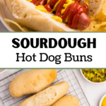 A homemade hot dog bun with a hot dog, ketchup, and mustard.