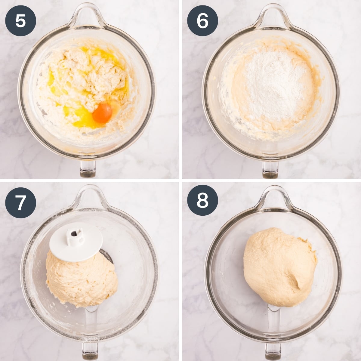 Adding egg to dough, then kneading it until smooth and elastic.
