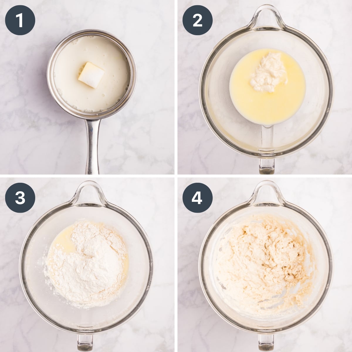 Warming milk and butter in a saucepan, then adding sourdough starter and flour.