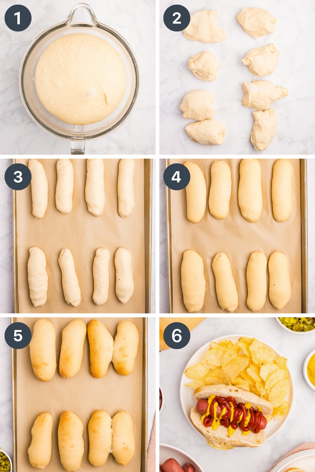 Shaping hot dog buns and baking them until golden brown.