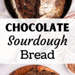 A boule of chocolate bread in a Dutch oven.