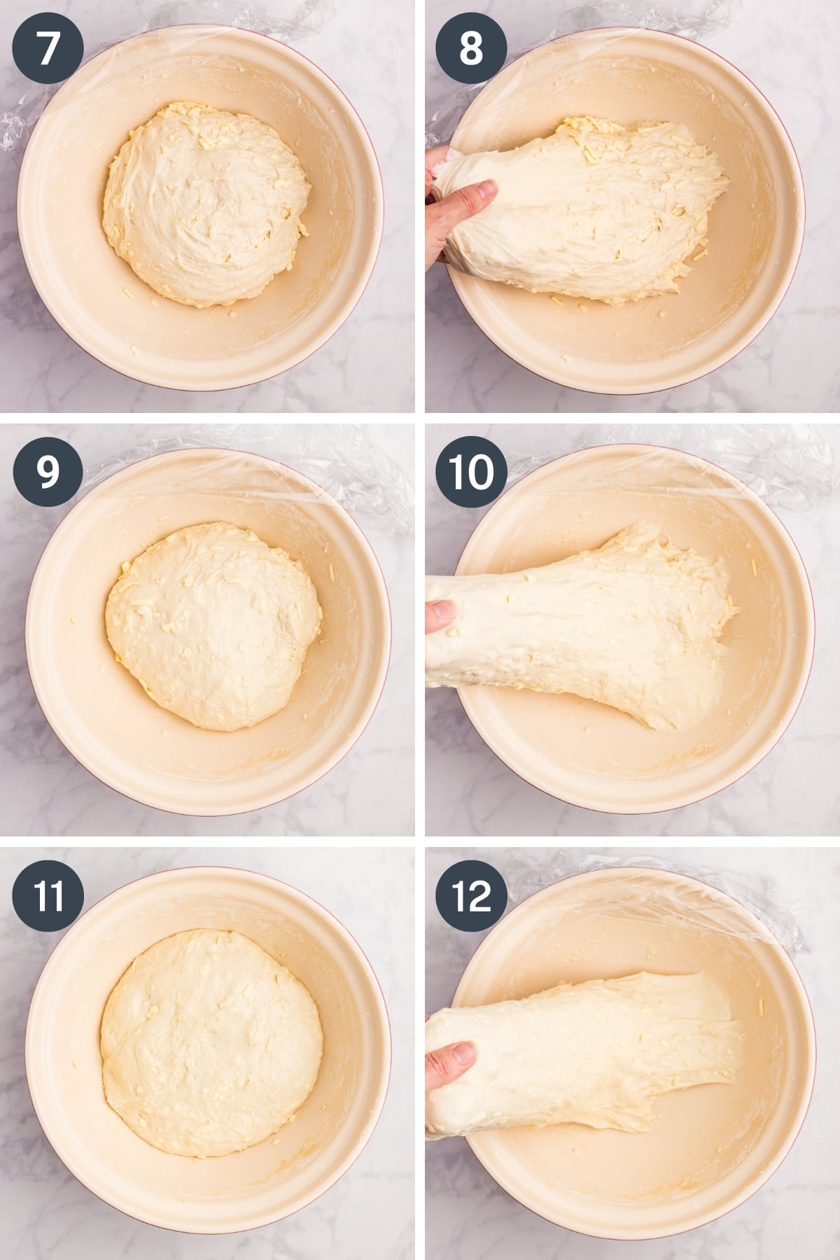 Stretching and folding sourdough bread to build gluten strength.