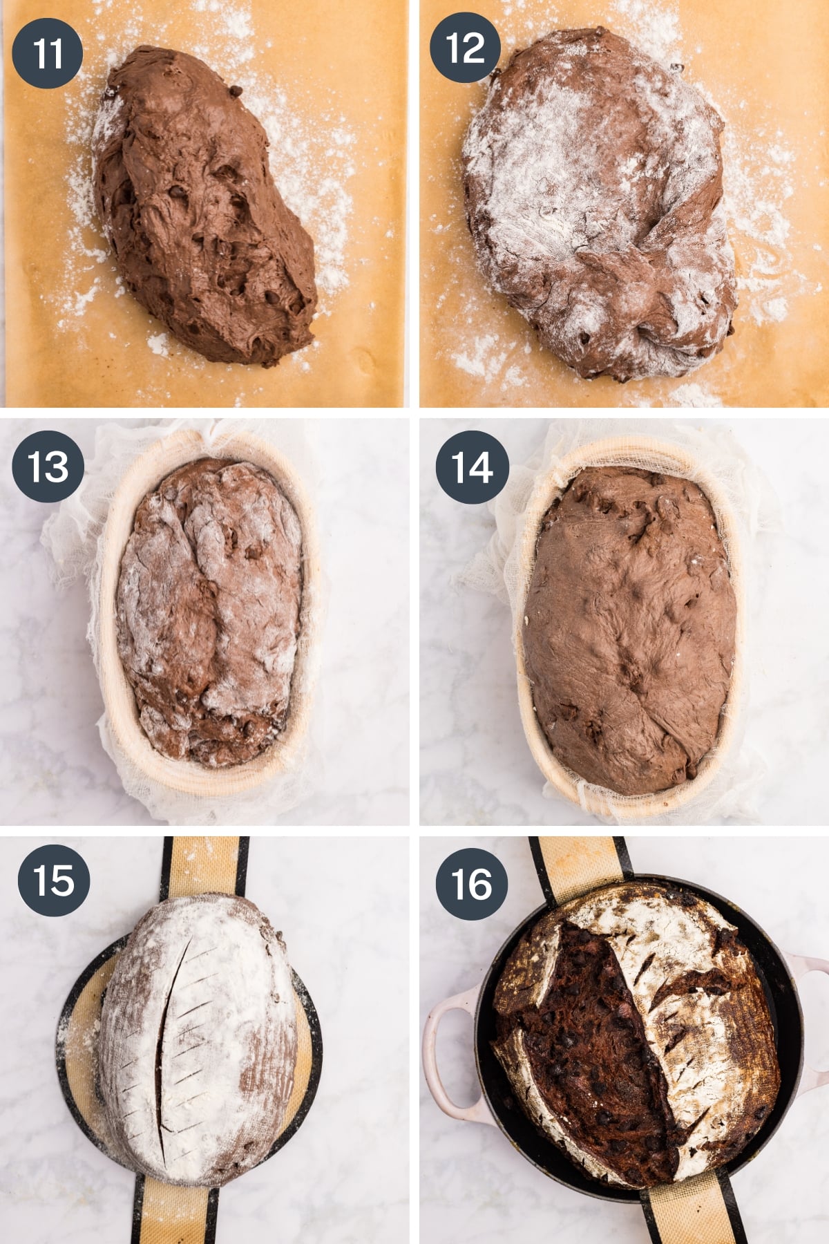 Shaping chocolate sourdough bread and baking it in a dutch oven for a round boule.