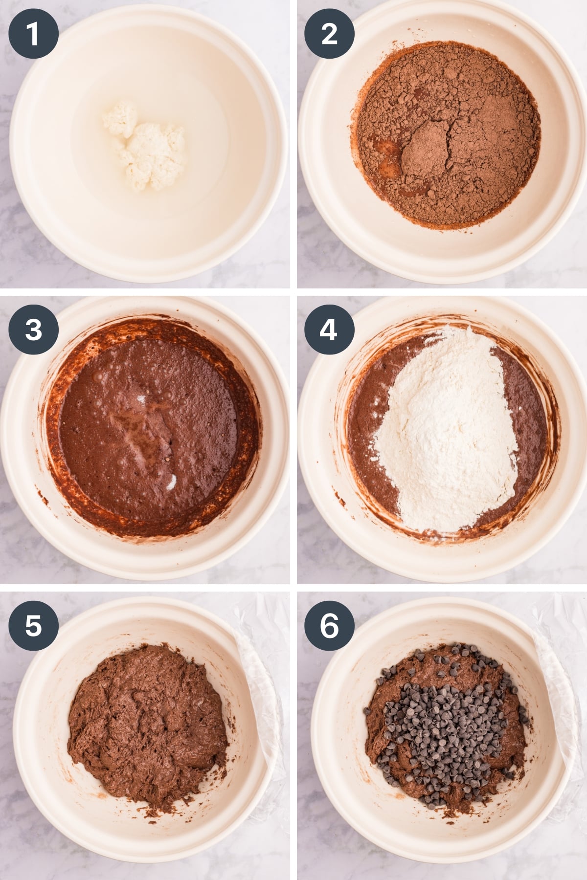 Adding cocoa and chocolate chips to sourdough bread dough.