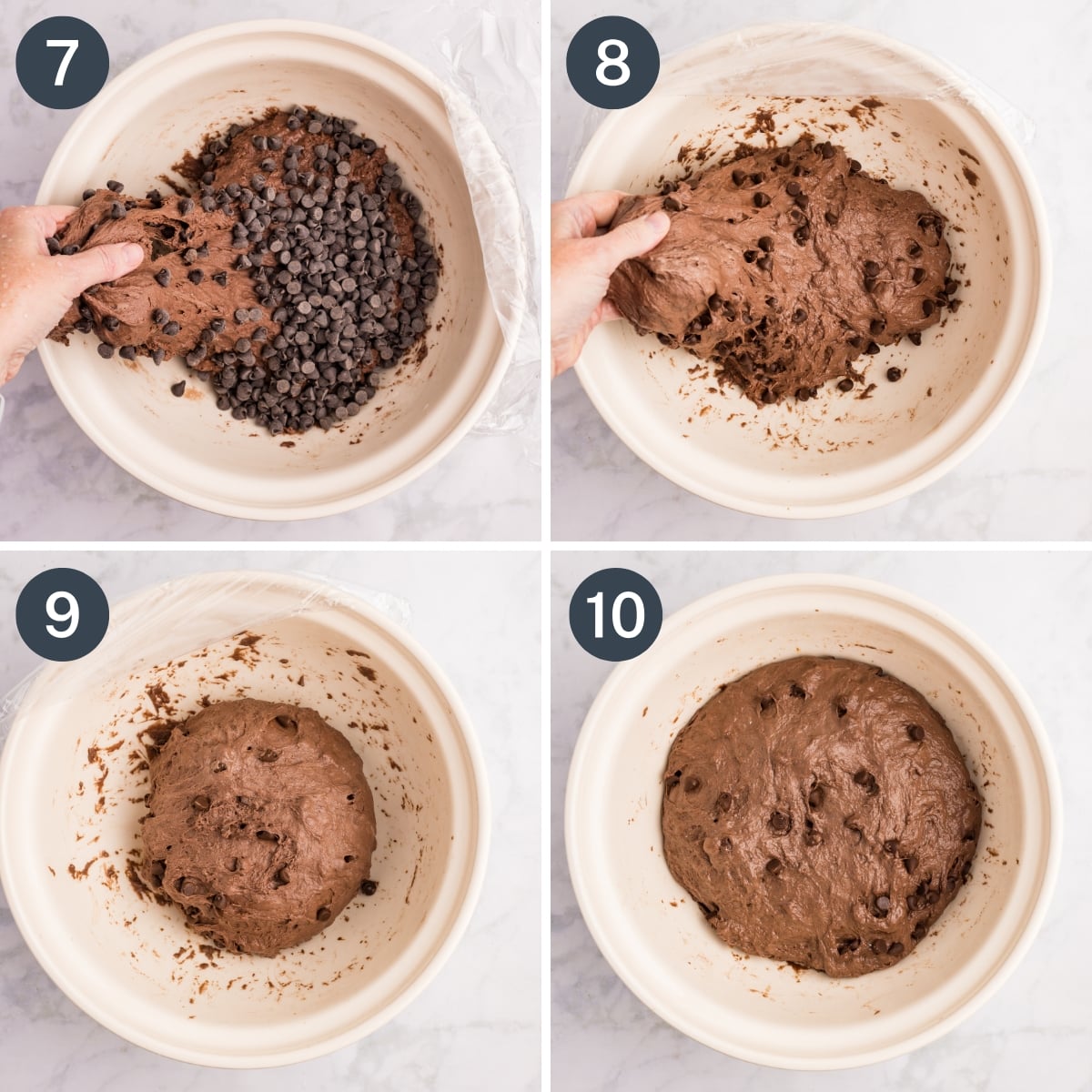 Performing stretch and folds on double chocolate sourdough bread dough.