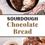 A chocolate boule of sourdough bread in a Dutch oven.