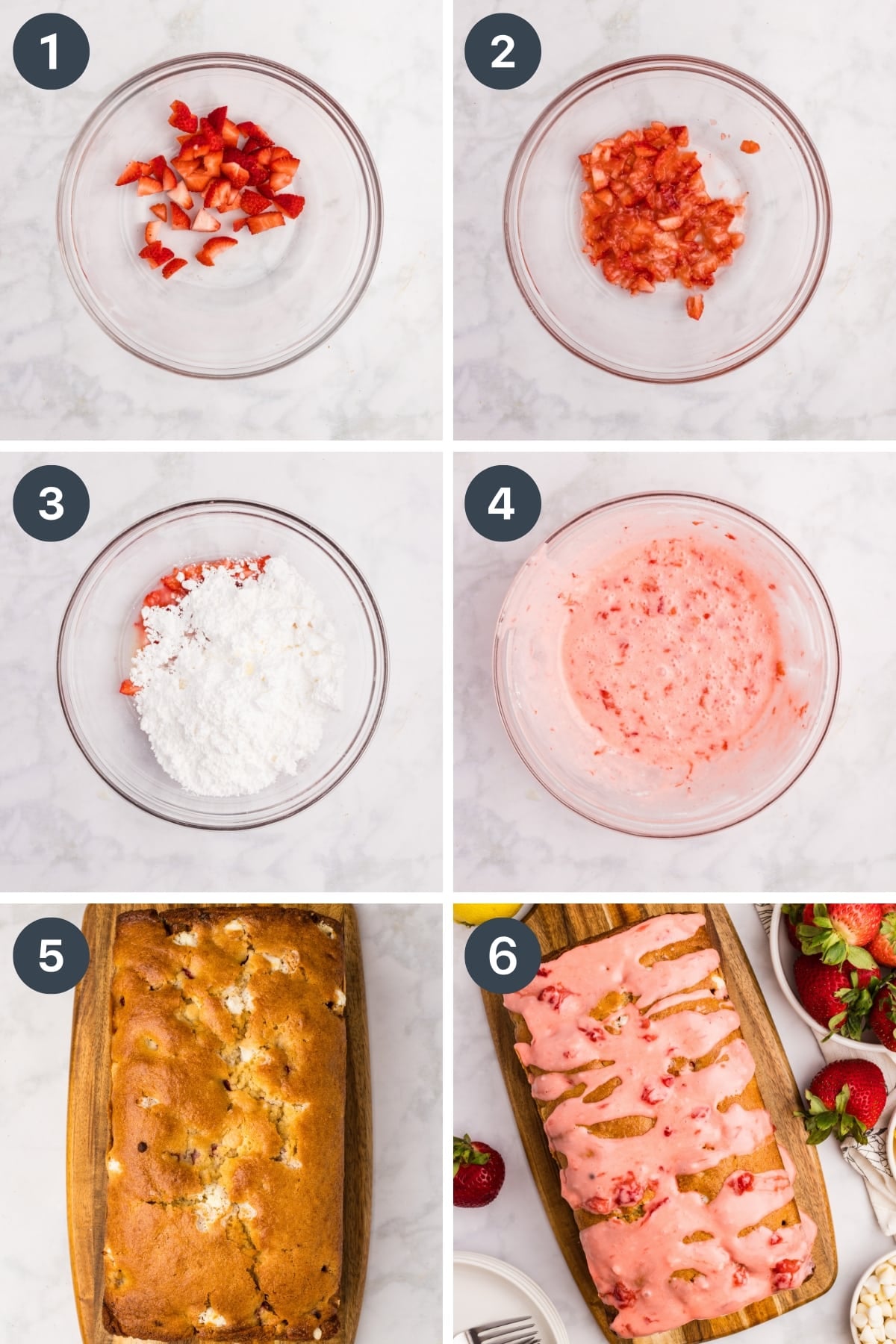 Making fresh strawberry glaze by mashing strawberries, then mixing in powdered sugar and lemon juice.