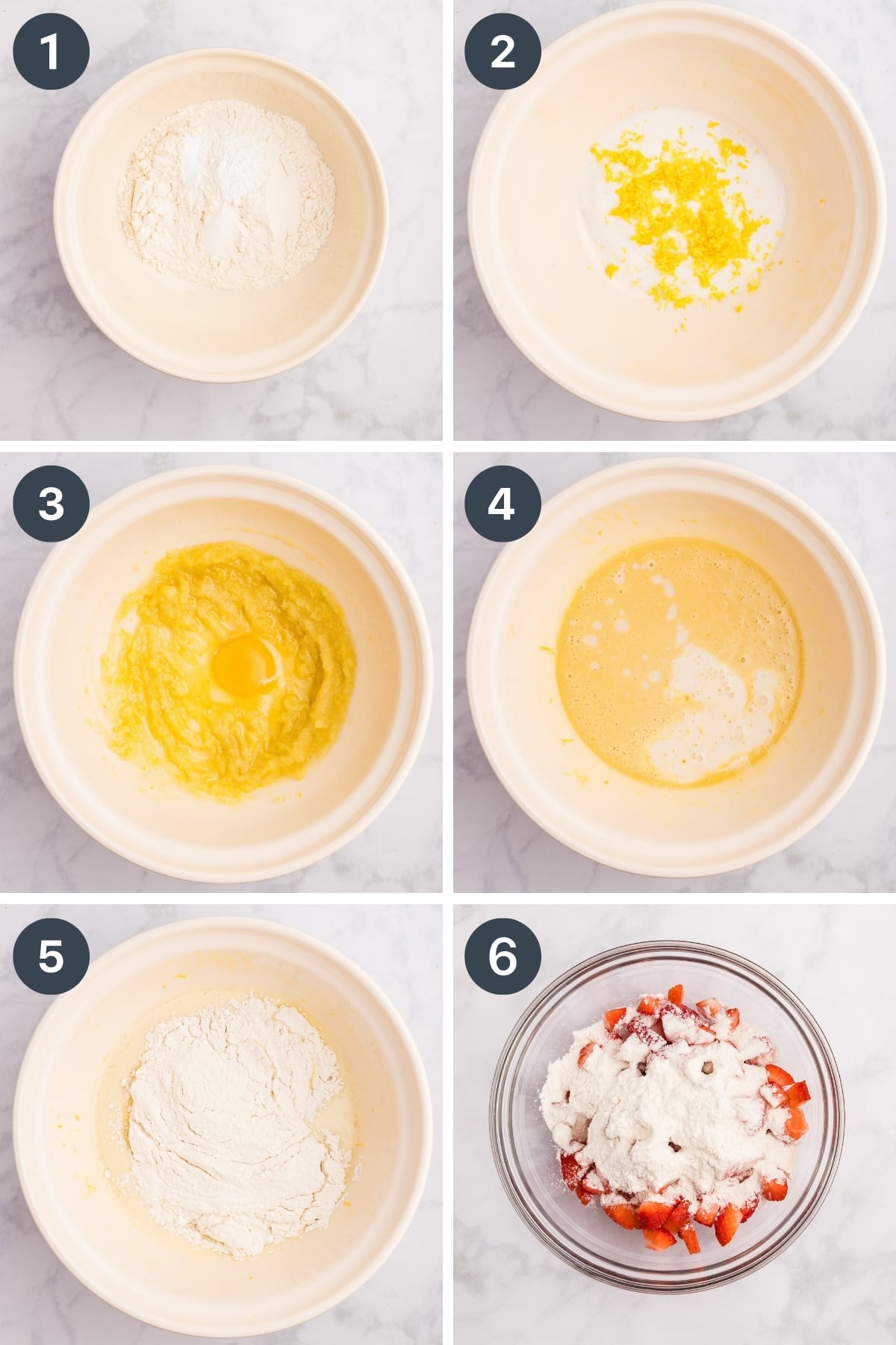 Adding wet ingredients together, then adding the dry ingredients.