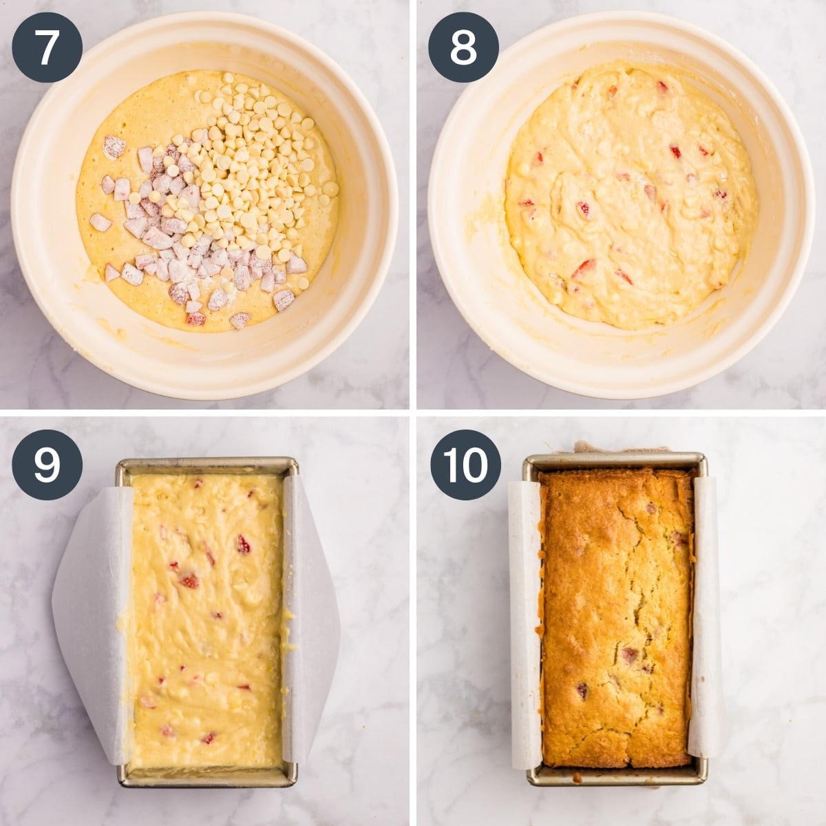 Adding strawberries and white chocolate chips to a quick bread batter.