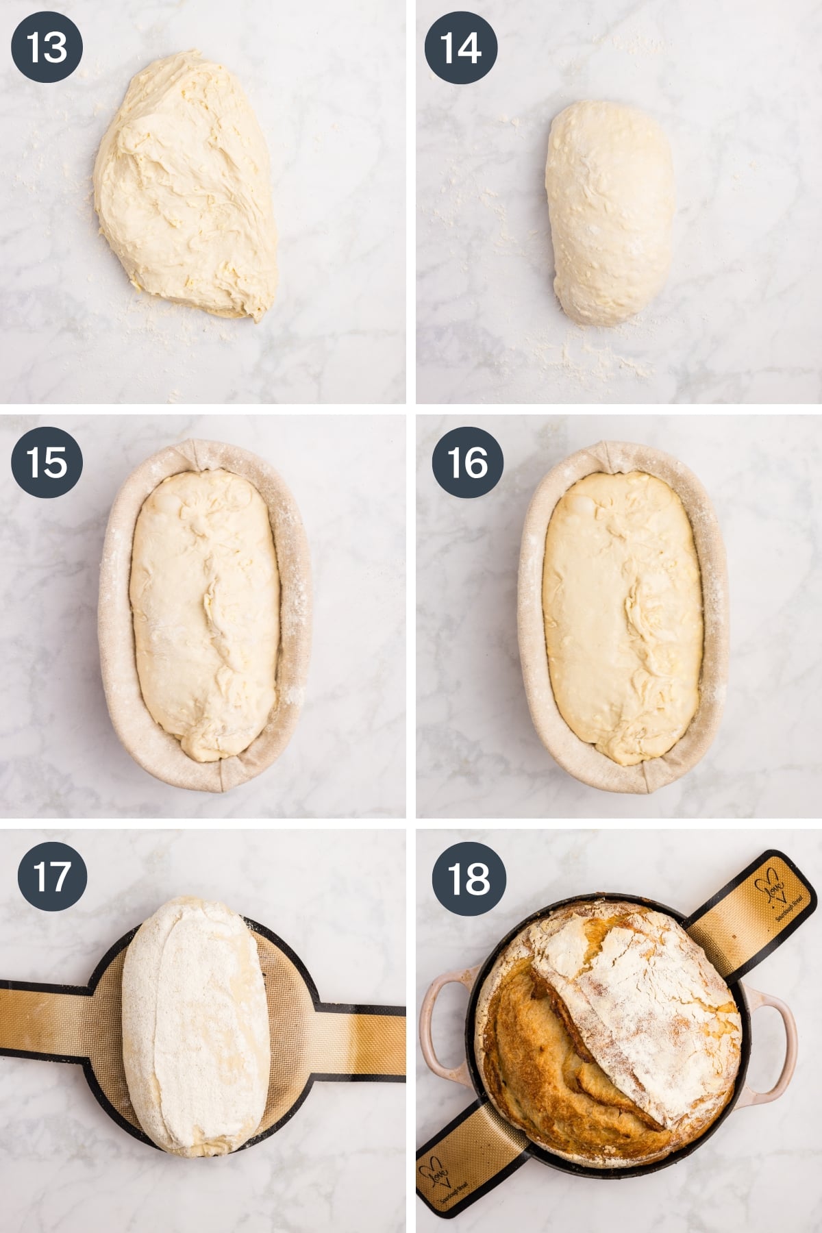 Shaping a loaf of sourdough bread and placing it in a basket to rise, then baking it until golden.