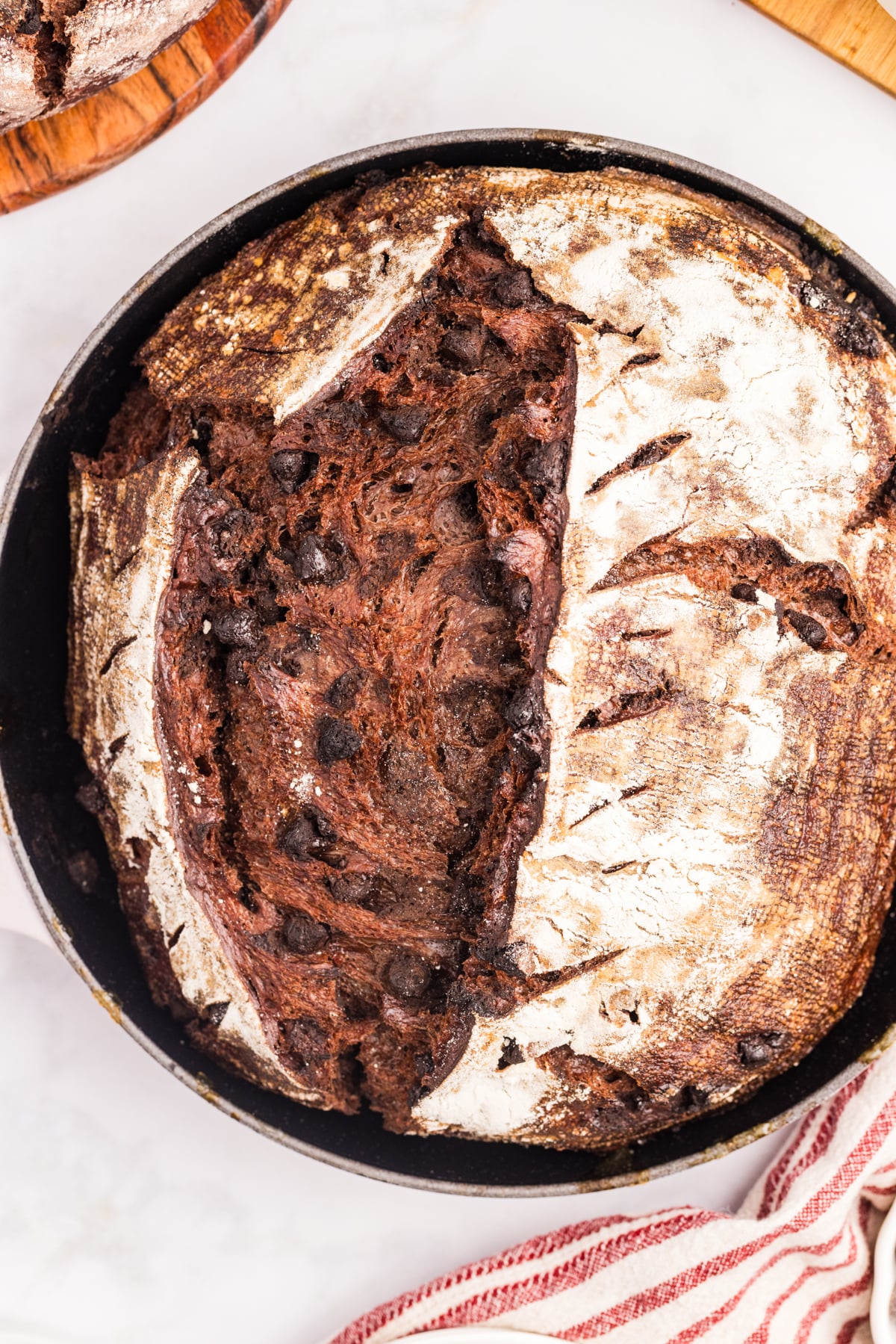 A double chocolate boule in a dutch oven.