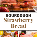 A stacked row of strawberry bread slices.
