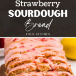Slices of sourdough strawberry bread topped with a fresh strawberry glaze.