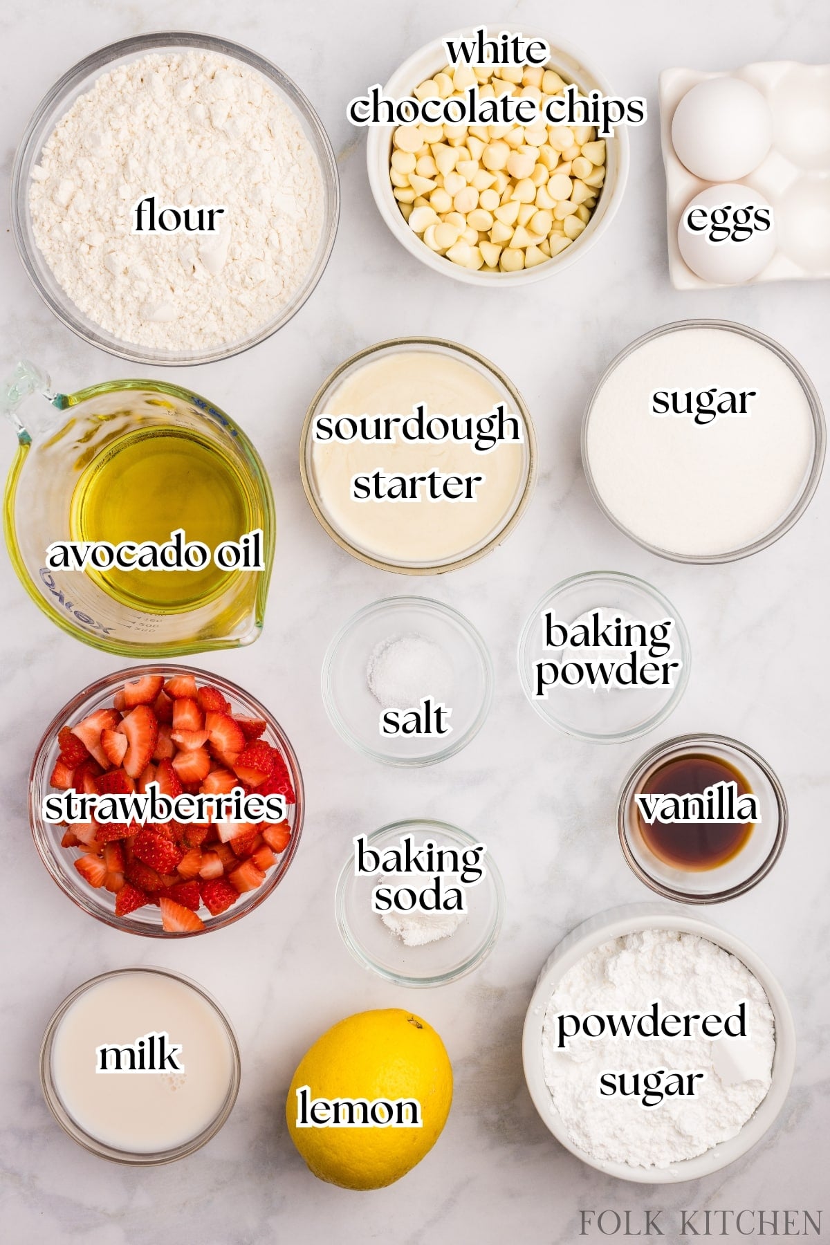 The ingredients needed to make strawberry bread, including fresh berries, flour, and oil.